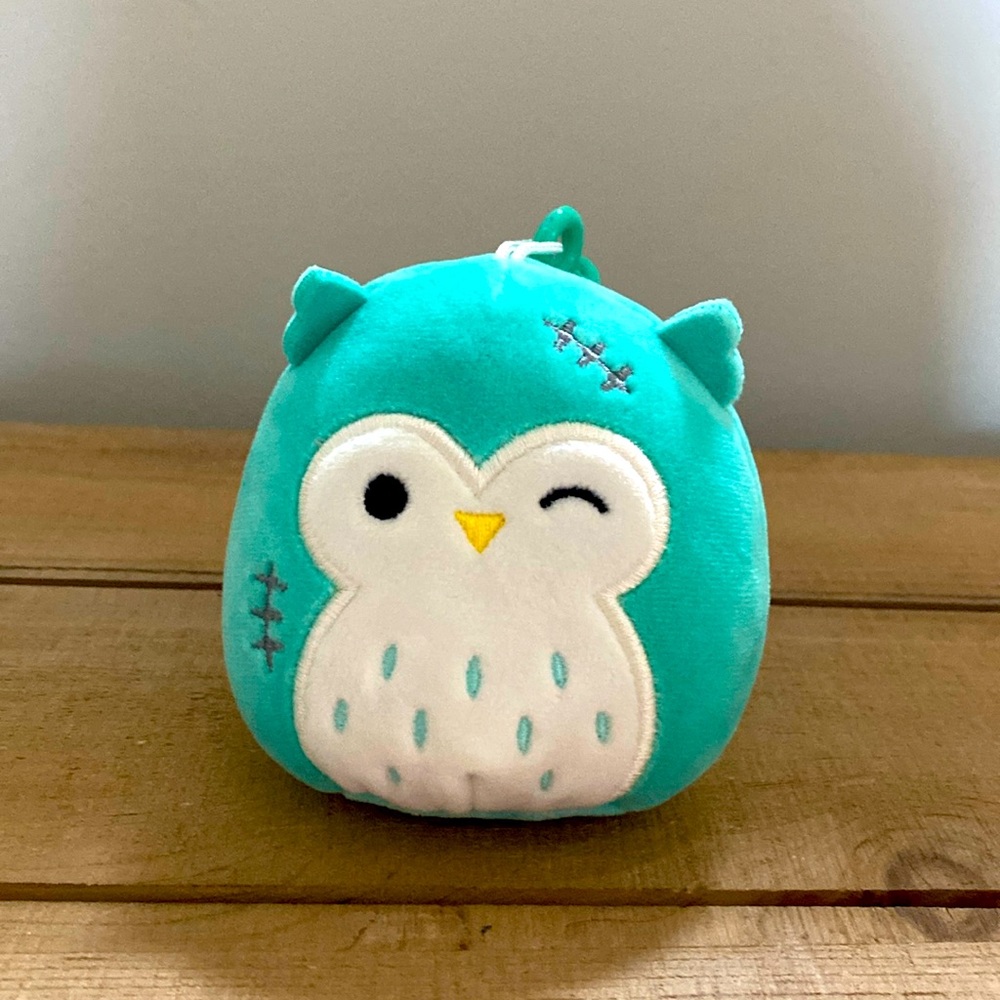 Frankenstein squishmallows teal owl key chain plush